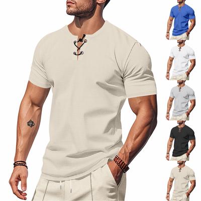 Мужская однотонная рубашка с короткими рукавами, завязывающаяся на шнурок, в спортивном стиле, повседневная