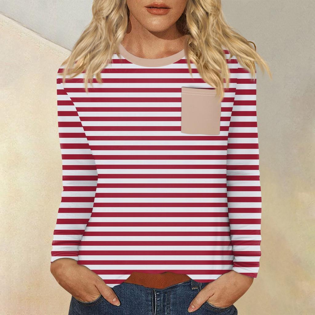 Женский повседневный топ с круглым вырезом и длинными рукавами в полоску с принтом
