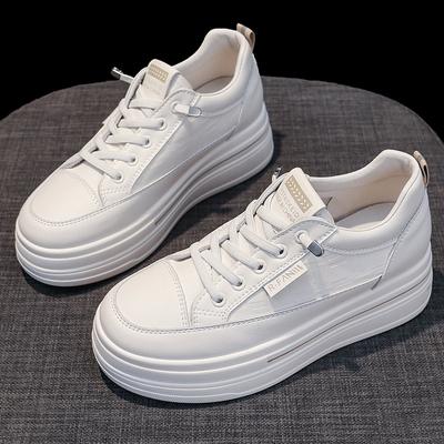 Кожаные белые туфли Женские туфли Ранняя весна Новые туфли на толстой подошве для увеличения роста Бордовые туфли Повседневная обувь Женская спортивная обувь Одиночные туфли