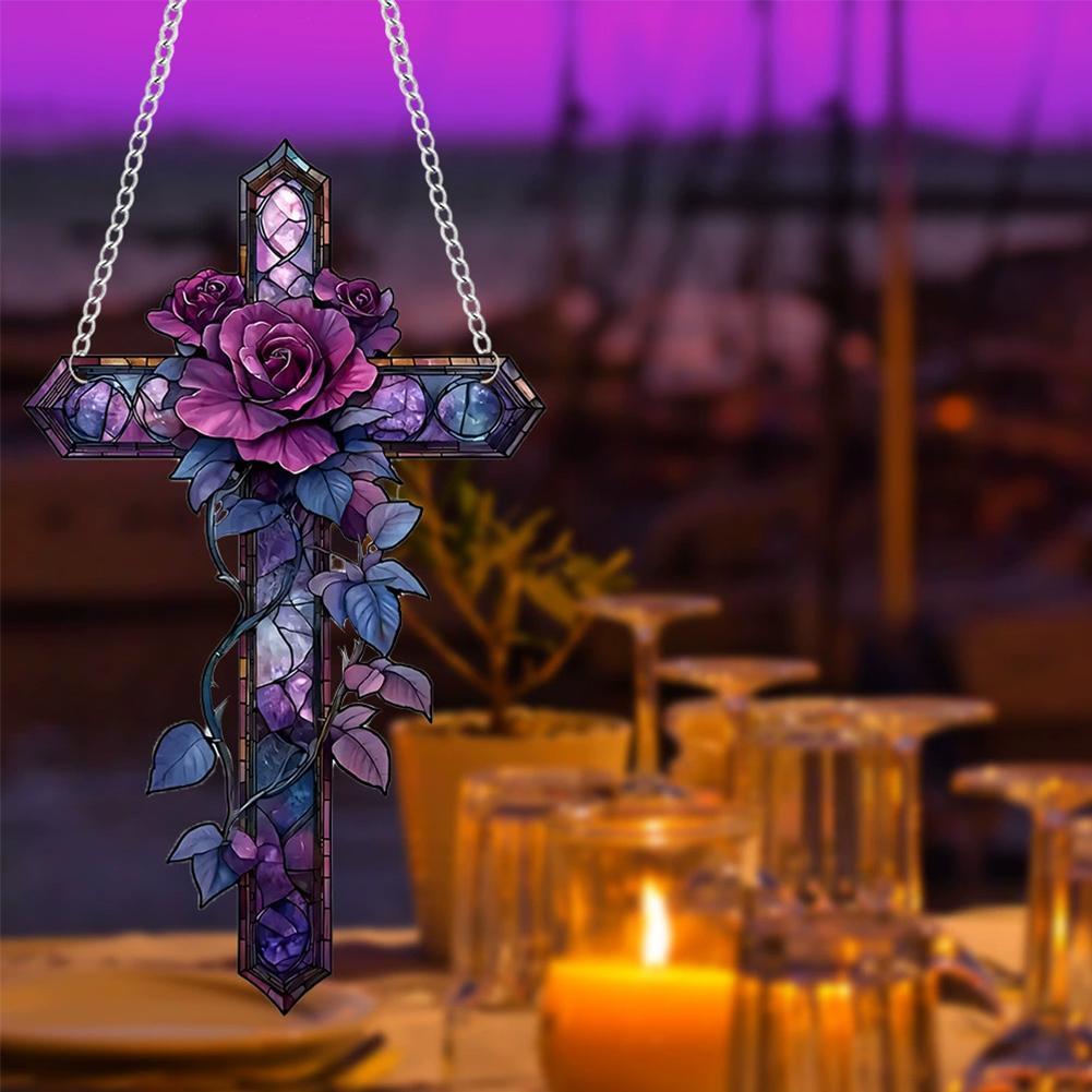 Purple Rose Cross Sun Hanging Ornament Suncatcher Hanging Ornament Tree Handmade Gift Decor Chr C6T6