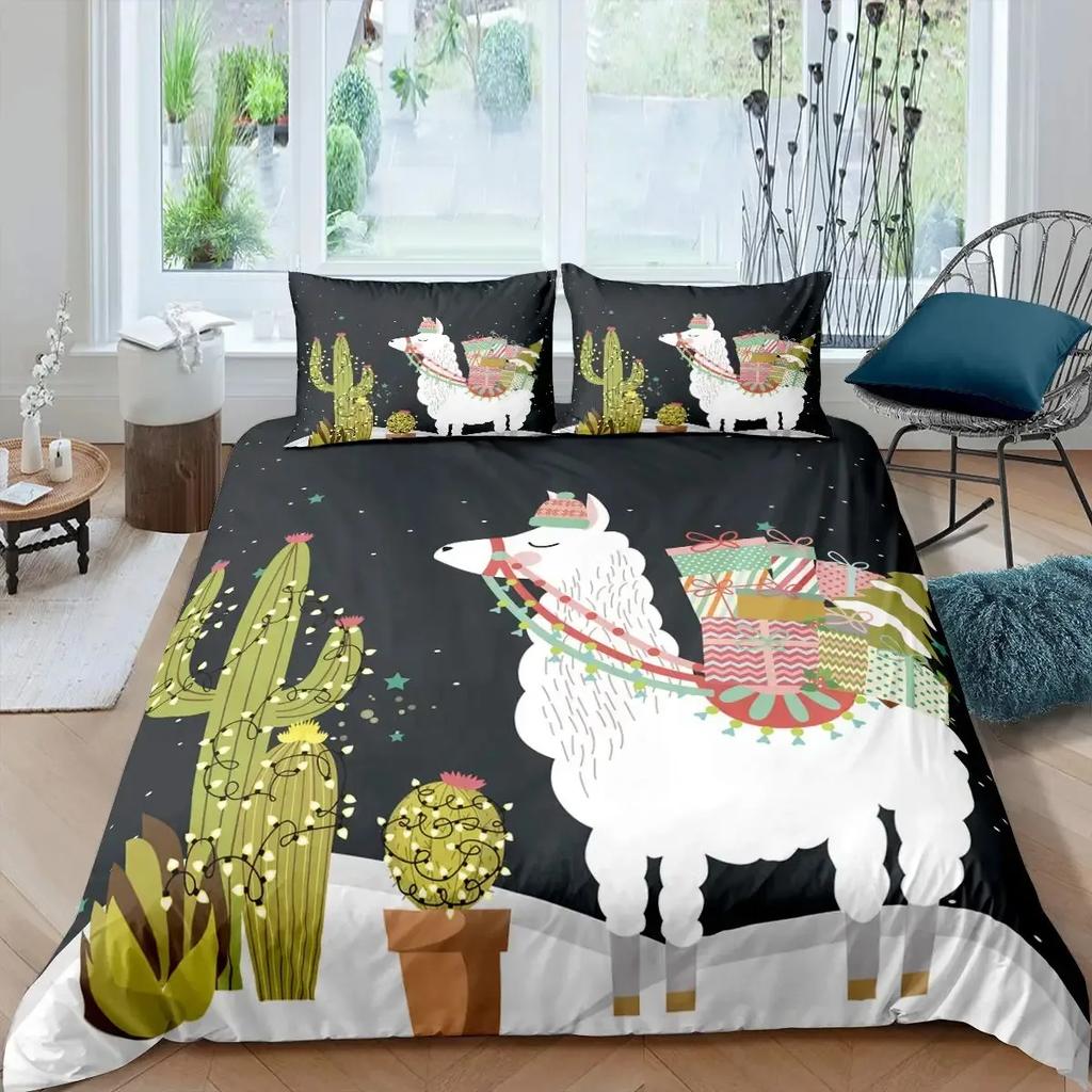 Cute Cartoon Alpaca Llama Cactus Print Duvet Cover Set Full Size, Alpaca Bedding Set Botanical Animal Comforter Cover,Multicolor