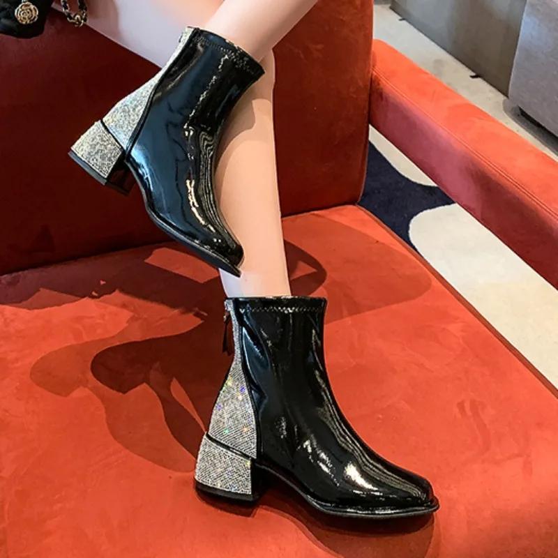 Короткие ботинки 2024 года, новые роскошные женские ботильоны со стразами и низким каблуком, ботильоны из искусственной кожи высокого качества, весна-осень, Botas Mujer