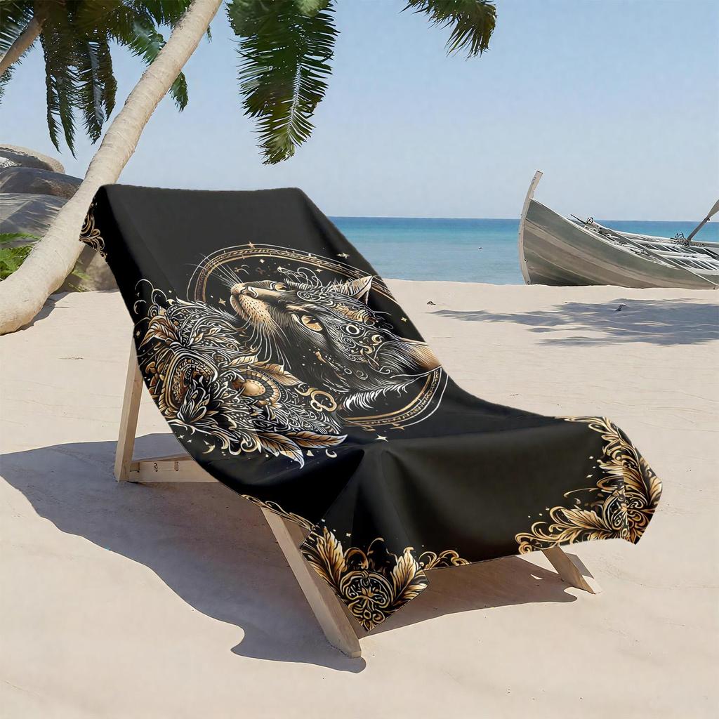 1pc Elegant Black Cat with Golden Ornamental Design 2D Printed Microfiber Beach Towel, quick dry super absorbent. Great for