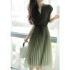 Летнее новое постепенное изменение зеленый воротник талия дизайн плиссированное шифоновое платье женское летнее длинное