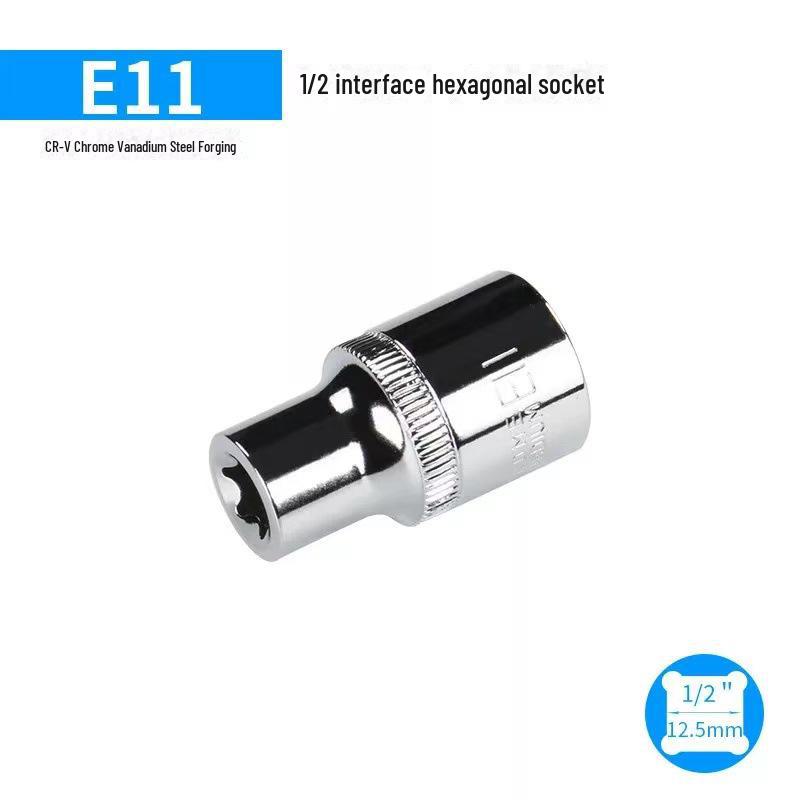 Metric 6-Point Flower-Shaped E-Type Socket Set: 1/2 Large, 3/8 Medium, 1/4 Small, Star Type.