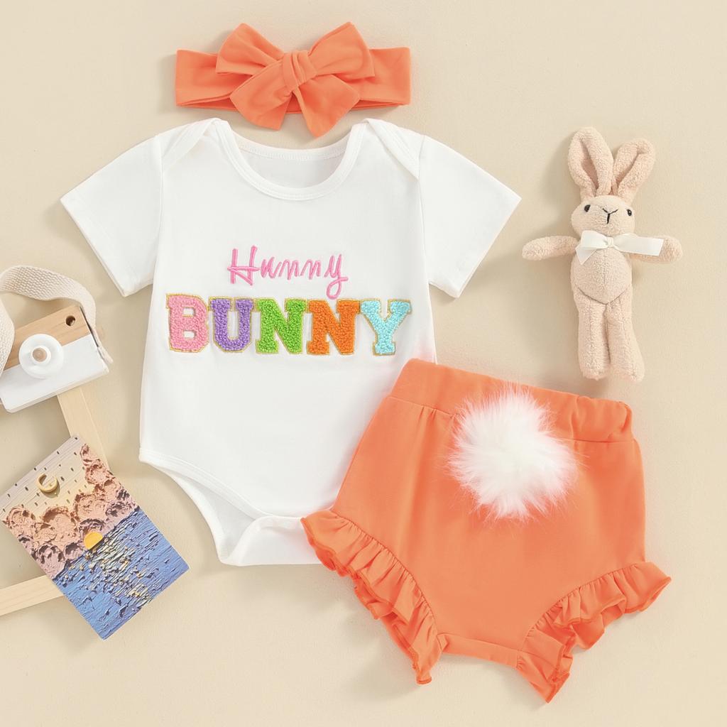 Baby Girls Easter Shorts Sets Short Sleeve Letter Embroidery Romper Tops Ruffle PP Shorts Headband Sets