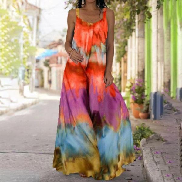 Women's Dresses Fashion Lightweight Sleeveless Party Long Dresses Loose Spaghetti Strap Tie Dye 3D Printed Maxi Dresses Casual V Neck Swing Dress