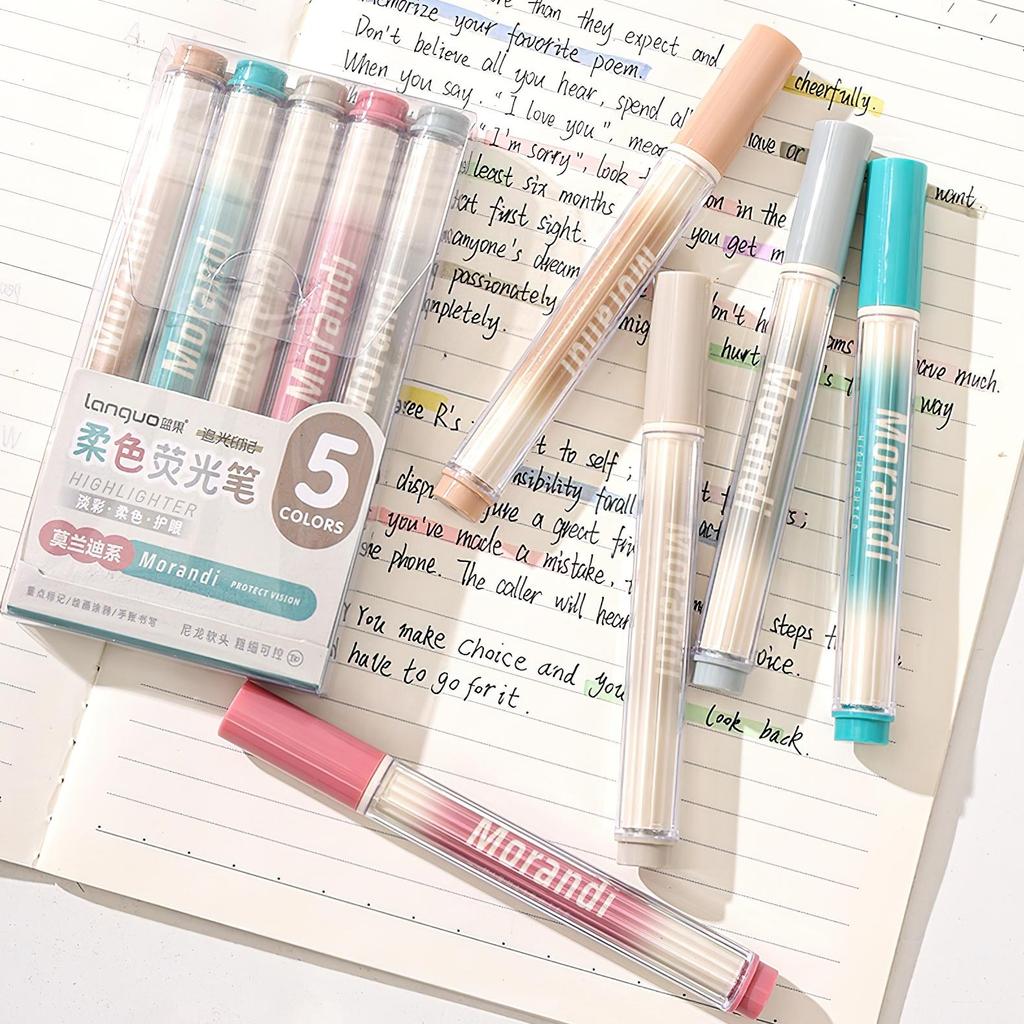 5pcs Mild Colors Highlighter Pens Set, Morandi Protect Vision Soft Chisel Brush Tip - Hued & Sparkling Fluorescent Markers