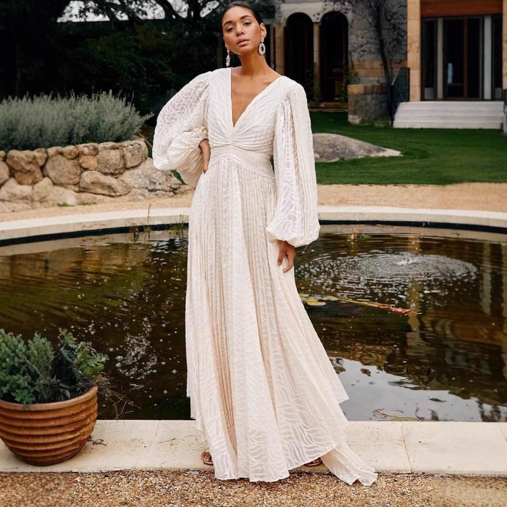 Женское вечернее платье с длинным рукавом из жаккарда с плиссированными рукавами-фонариками 8171, в европейско-американском стиле