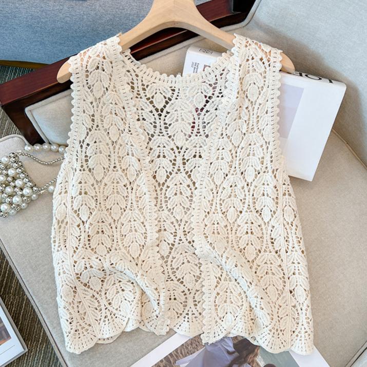 Женский жилет Вязание Кружево Круглый вырез Ажурный Летний стиль Базовые Короткие Топы Футболки Свободная одежда