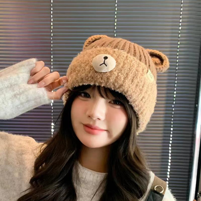 Autumn and Winter Hats for Women Bears with Sweet Ears and Cute Knitted Hats for Students Versatile Ear Protection Hats for Warmth