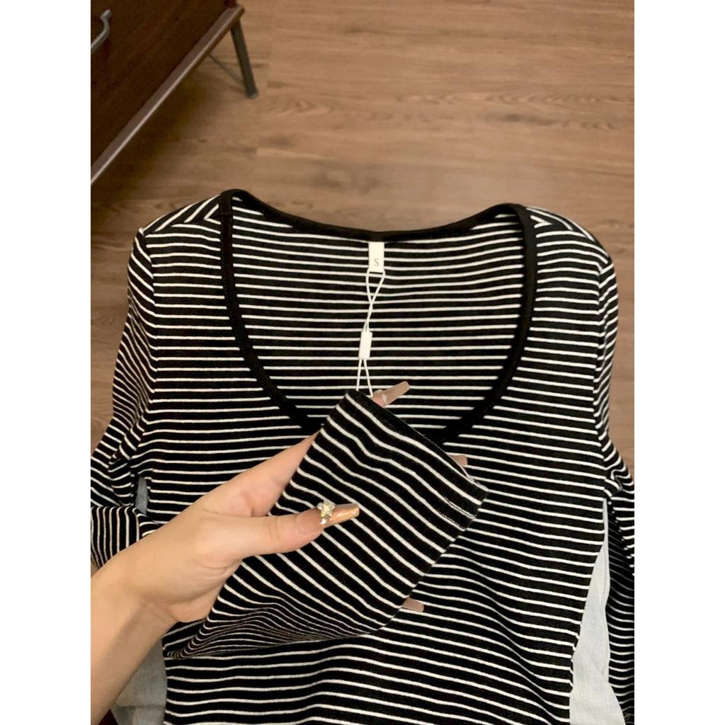 Contrasting Color U-neck Striped Long-sleeved Bottoming Shirt Women's Spring New Slim-fit Spice Girl Style T-shirt with Top Inside