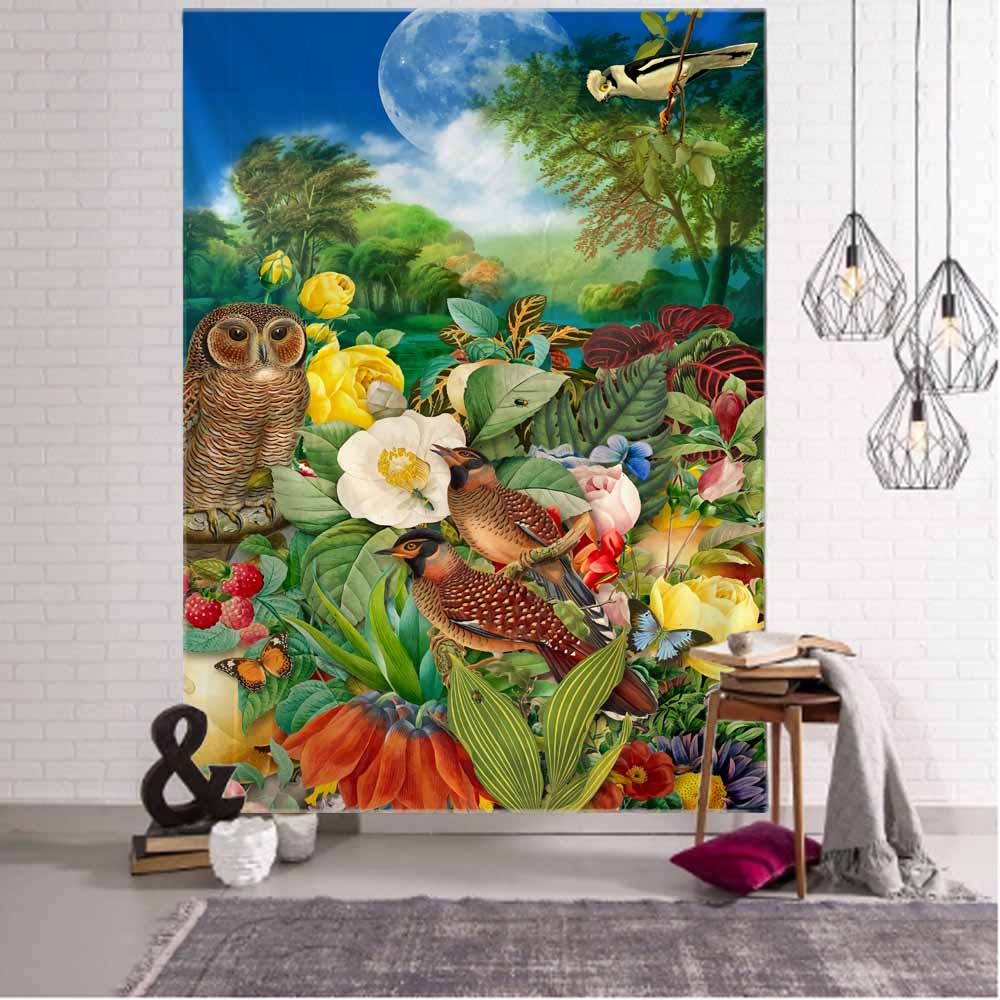 Fantasy Landscape 3D Printing Tapestry Plant Flower and Bird Art Wall Hanging Bohemian Psychedelic Kawaii Home Room Decoration