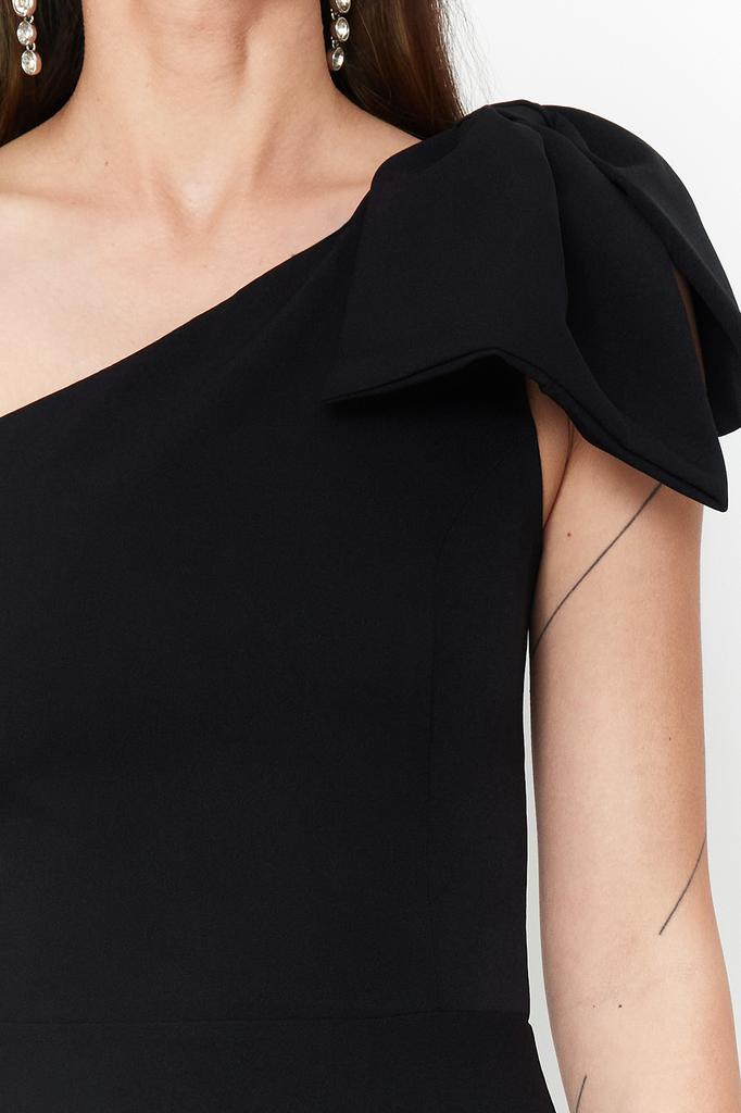 Women's Fashion New Evening Dress & Graduation Dress Black Bow One Sleeve Long Woven Evening Dress Graduation Dress