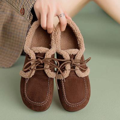 Замша Мех Весна Осень Зима Плоские Ботинки На Шнуровке Женские Теплые Повседневные Туфли