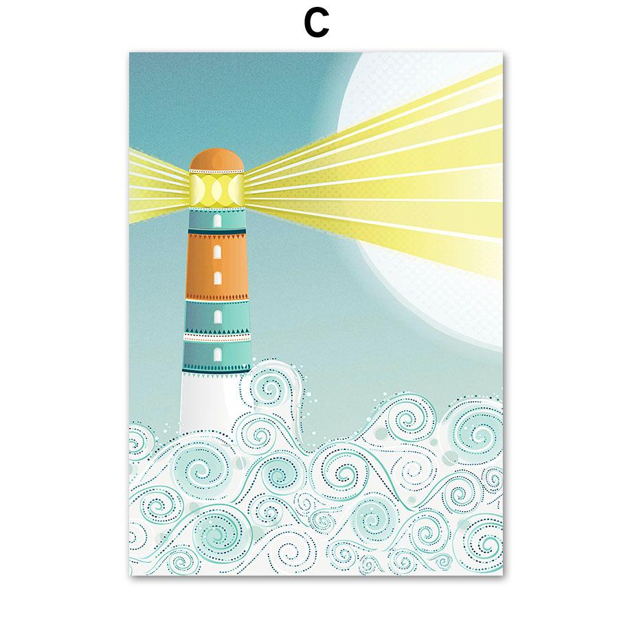 Синий Океан Рыба Кит Маяк Солнце Морская Детская Стена Книги по искусству Холст Картины Плакаты и принты Настенные Панно Декор Детской Комнаты