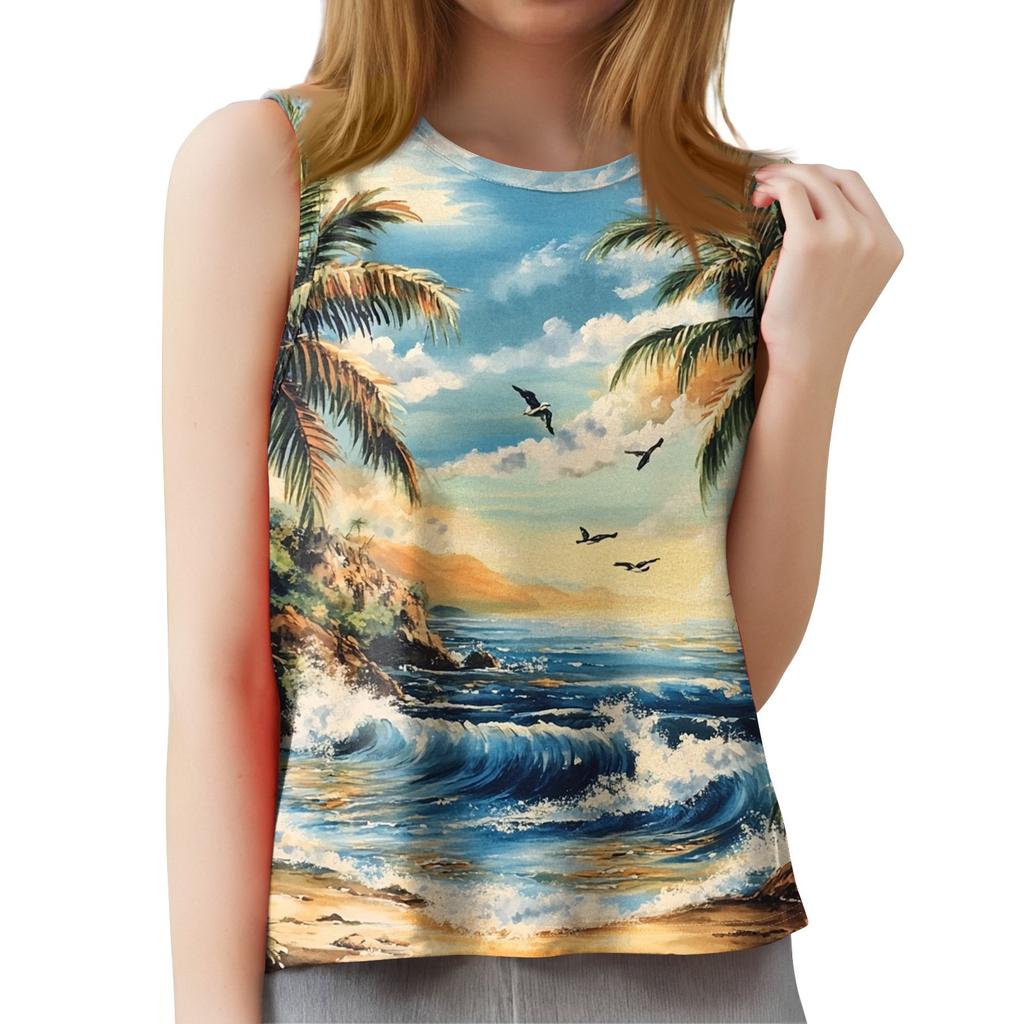 Women's Fashion Summer Round Neck Tank Top Lightweight Sleeveless  Print Tank Top