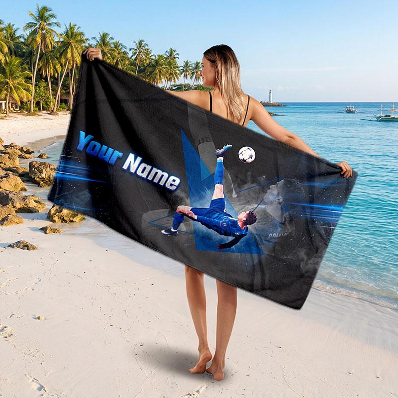 Cristiano Ronaldo Custom Beach Towel, Personalized Name Text Print, Football Logo Soft Quick‑Dry Towel Holiday Gift