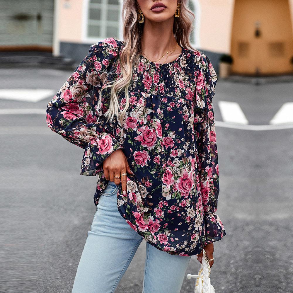 Женская осенне-зимняя рубашка с круглым вырезом и оборками, рукавами-фонариками, цветочная рубашка с принтом, топы