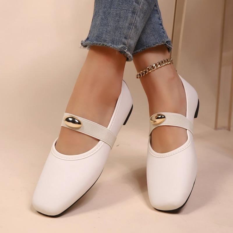 Fashion Spring Genuine Leather Ballet Shoes Women's Round Toe Flat Single Shoes Golden Buckle Lazy Loafers One Word Band Mary Jane Shoes