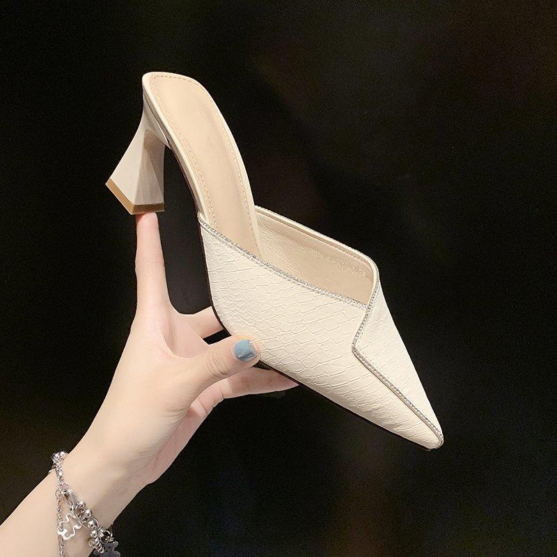 Модные сетчатые красные полутапочки Baotou, женская одежда, летняя новинка 2024 года, фея фэн, стразы, острый толстый каблук, женская обувь на высоком каблуке