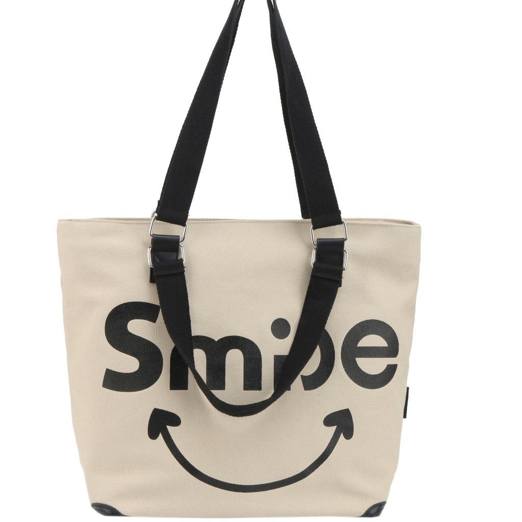 Большая вместительная холщовая большая сумка с буквами контрастного цвета, сумка на одно плечо с принтом улыбающегося лица и женская сумка через плечо