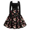 Women's Vintage Long Sleeve Square Neck Halloween Print Party Dress with Flared Skirt and Waist Tie for Evening Events