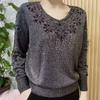 Осенний женский свитер с V-образным вырезом большого размера, со стразами, с длинным рукавом, свободный вязаный топ-пуловер