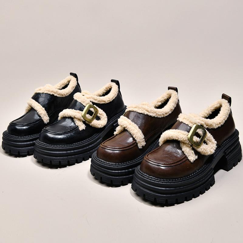 Бархатные лоферы в британском стиле, хлопковая обувь для женщин, новинка осени и зимы 2025 года, на толстой подошве, на толстом каблуке, ретро, пушистые туфли Мэри Джейн, маленькие кожаные туфли