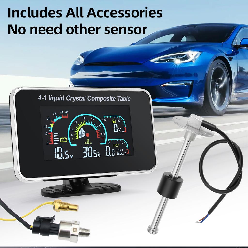 4 in 1 Digital Gauge LCD Car Truck Oil Pressure Gauge Voltmeter Water Temp Meter With 10mm Temperature Fuel Level Sensor 12V/24V