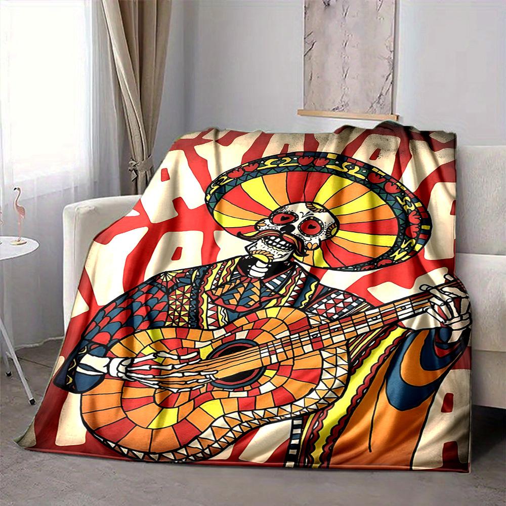 1pc Day of the Dead Guitarist Blanket, Lightweight Flannel Throw Blanket for Sofa, Bed, Travel, Camping, Living Room, Office, Couch, Chair, and Bed