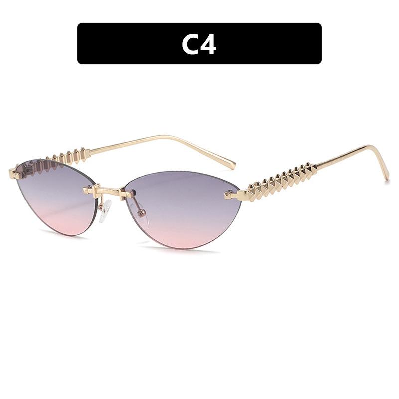 Женские солнцезащитные очки, Треугольные солнцезащитные очки «кошачий глаз» с заклепками, Модные солнцезащитные очки без оправы