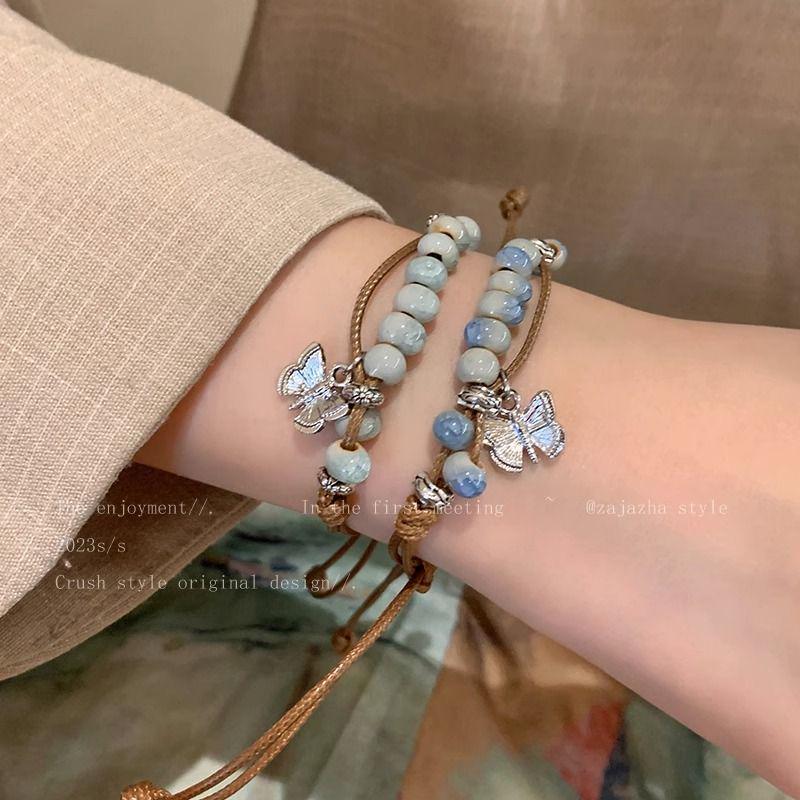 New Chinese-Style Butterfly Ceramic Beaded Woven Bracelet - Women's Summer 2023 Retro Ethnic Hand Jewelry