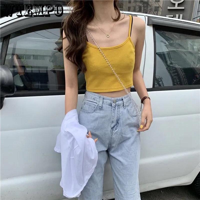 WTEMPO Женские летние укороченные топы без рукавов в корейском стиле, женские однотонные повседневные короткие майки с подкладкой, верхняя одежда