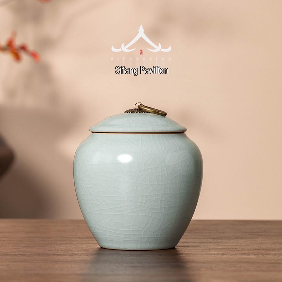Ru Kiln Ceramic Tea Storage Can - Copper Ring, Moisture-Proof, Sealed, Fine Kung Fu Tea Set