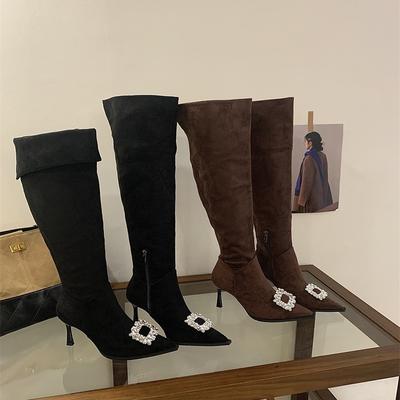 Осень 2025 новые ботинки с квадратной пряжкой и стразами женские на тонком каблуке на высоком каблуке тонкие ботинки с острым носком эластичные ботфорты до колена женские ботинки детские