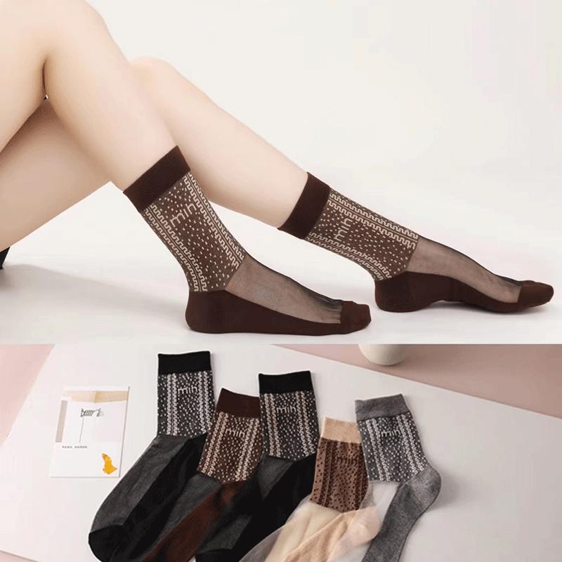 5 Pairs of Women's Cotton Bottom Crystal Silk Middle Tube Thin Cut Hollow Black Versatile Long Tube Stockings