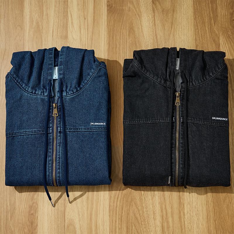 W822 Men's Thickened Hooded Denim Zip-Up Jacket: Stylish, Trendy, and Versatile.