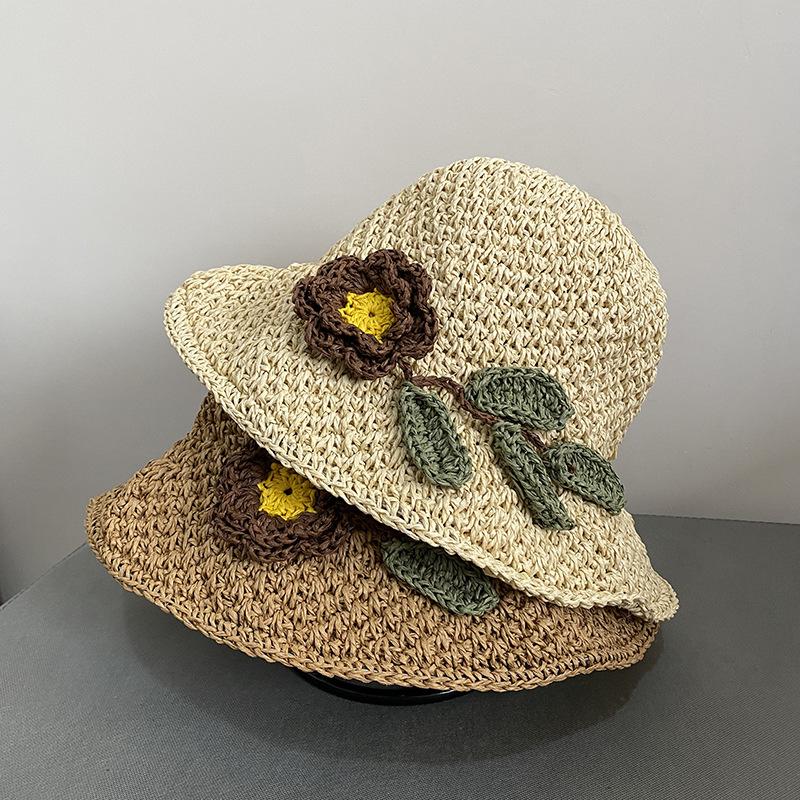 Straw hat female summer sweet handmade flower straw bucket hat ins sun visor hat sun hat travel hat