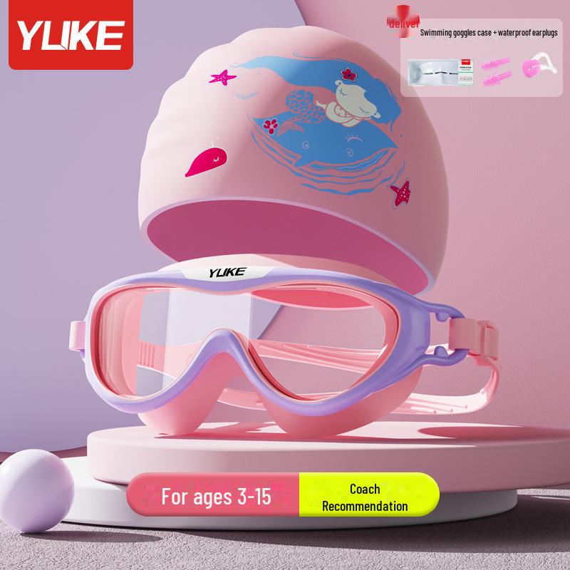 Оригинальная детская шапочка для плавания и очки Yuke Cartoon из искусственной кожи с защитой ушей