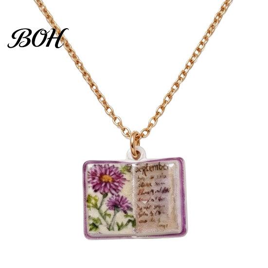 Minimalist Book Pendant Women Birth Flower Necklace, Floral January to Everyday Wear Necklace December Month Gift for Wife Girlfriend Unique
