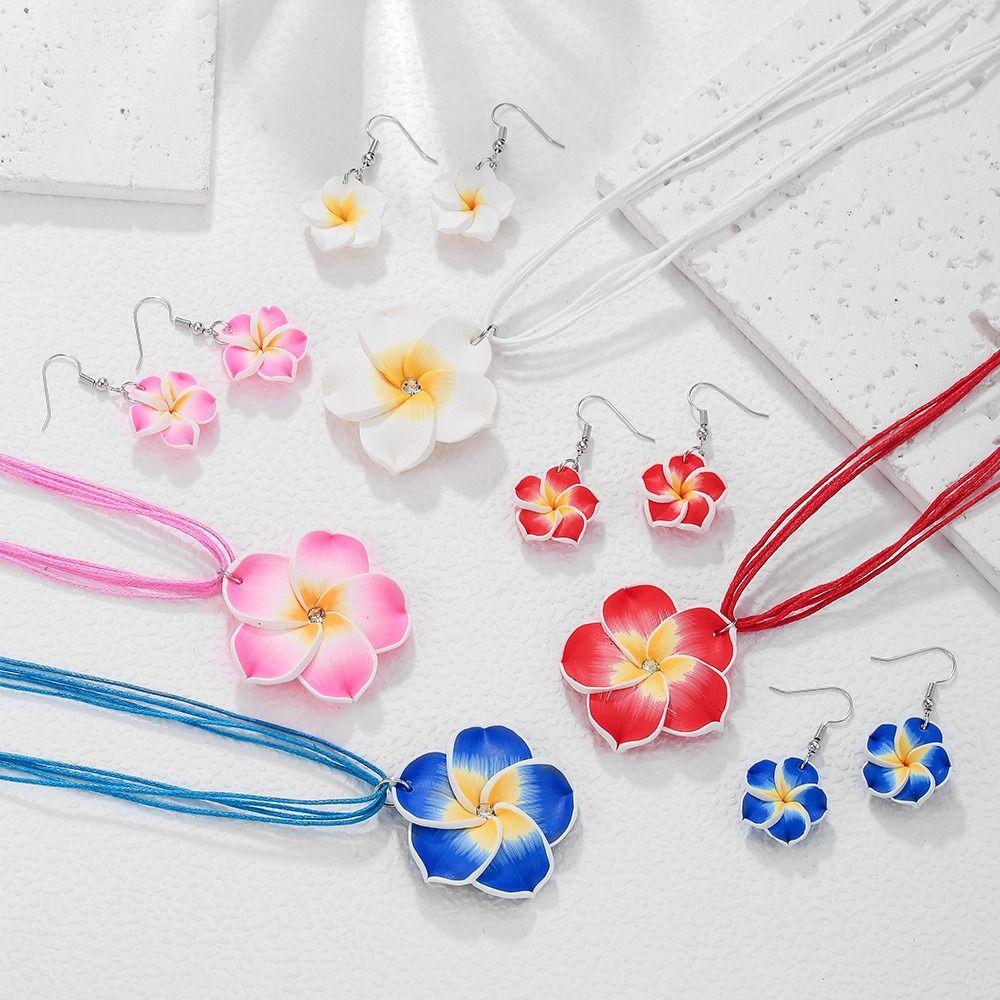 Soft Clay Flower Necklace Earrings Set Flower Jewelry Beach Vacation Accessory