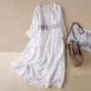 Women Loose Vintage Cotton Linen Dress Ethnic Style Embroidered Midi Dresses