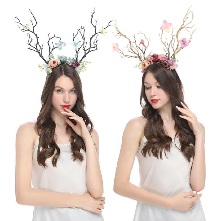 10Pcs Flower Antler Headbands Deer Horns Hairband Floral Reindeer Headpiece for Women Girls Halloween Cosplay Party Photo