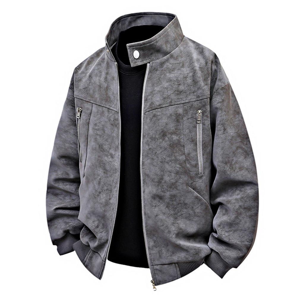 Men's Solid Color Zipper PU Leather Stand Collar Jacket Casual Sports Motorcycle Style Jacket