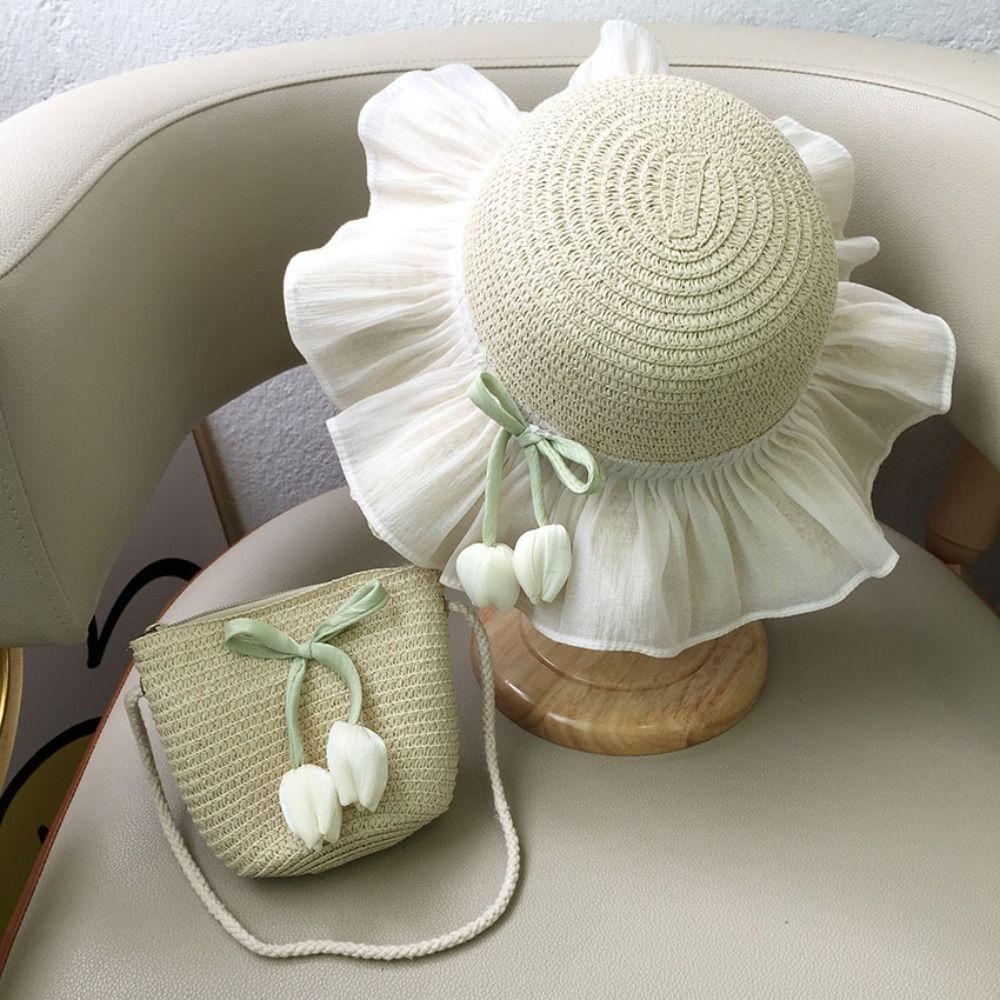 Корейская Панама для Девочек в Том же Стиле Сумка Кроссбоди Кружевные Поля Пляжная Кепка Малыш