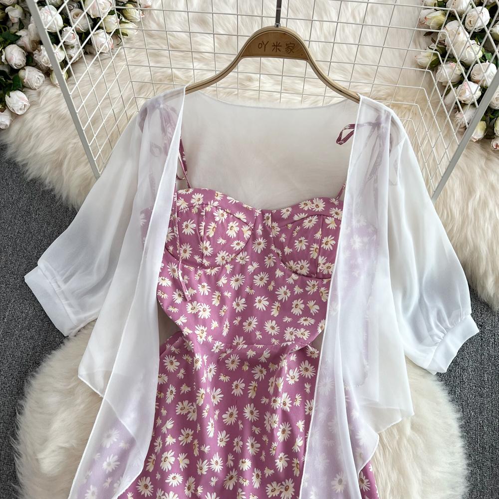 Women Summer Floral Print Two Piece Slim Vacation Elegant Ladies A Line Short Dress