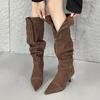 Fashion New Style Car Stitching Pleated Lazy High Cylinder Stack Boots Women's Autumn and Winter Brown Black Slim Heel Knee High Boots