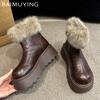 Fur Platform Women Snow Ankle Boots Short Plush Mid Heels Shoes 2025 New Trend Winter Leather Warm Cozy Designer Botas De Mujer