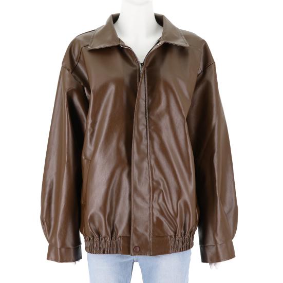 Женская куртка из искусственной кожи с длинными рукавами и отложным воротником, свободная посадка, карман на молнии, сплошной цвет, винтажное женское пальто большого размера в американском стиле